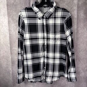 NWT Splash Women's L‎ Black White Plaid Long Sleeve Button Shirt Top Flowy Light